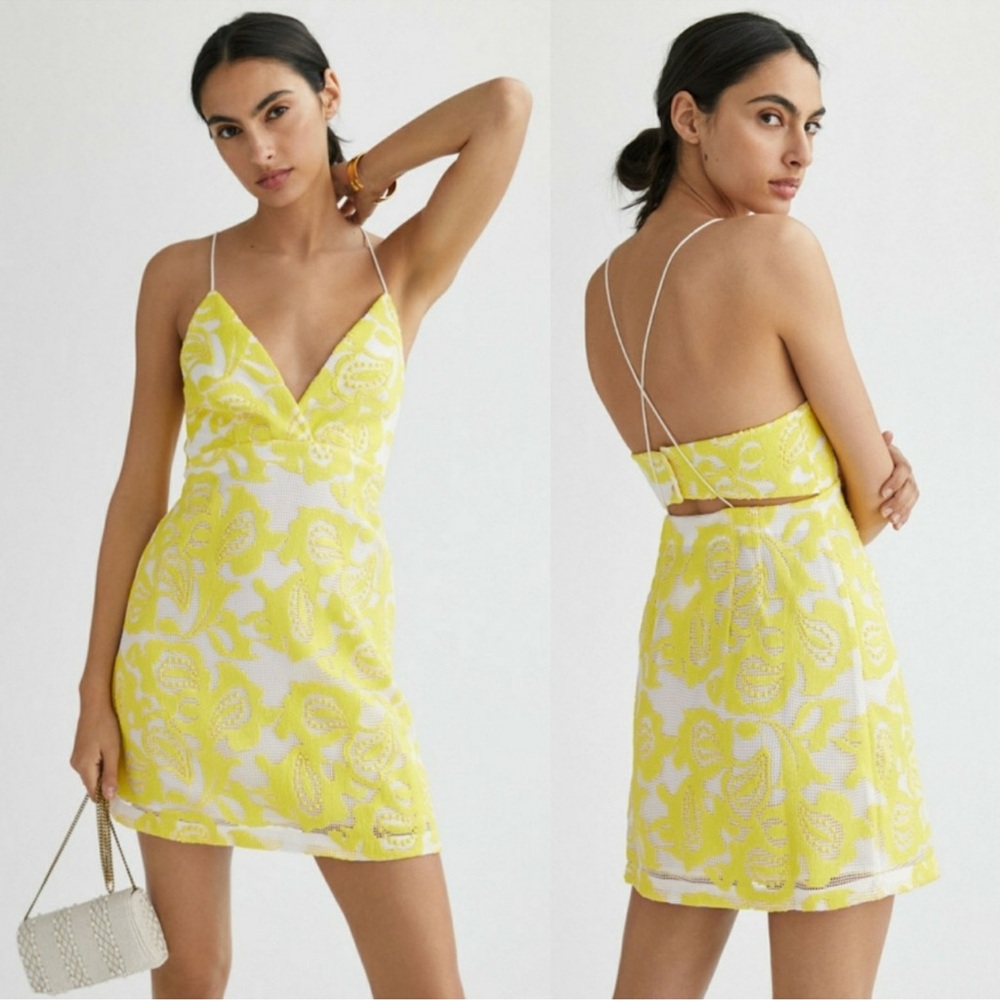 Anthropologie Maeve Strappy Yellow Lace Mini Dress Size 2